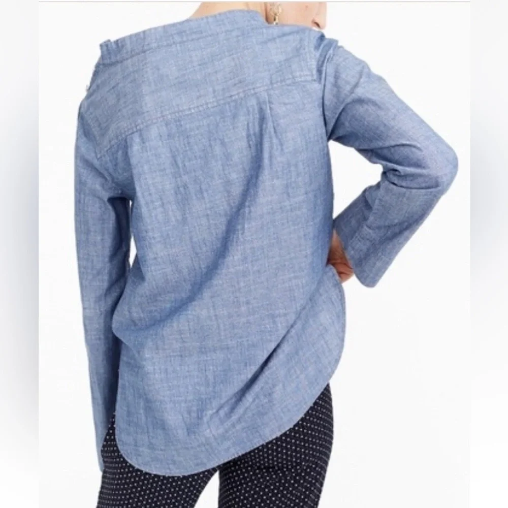 J.Crew Chambray Funnel Neck Top Blue Button Shoulder High-Low Hem Size 8